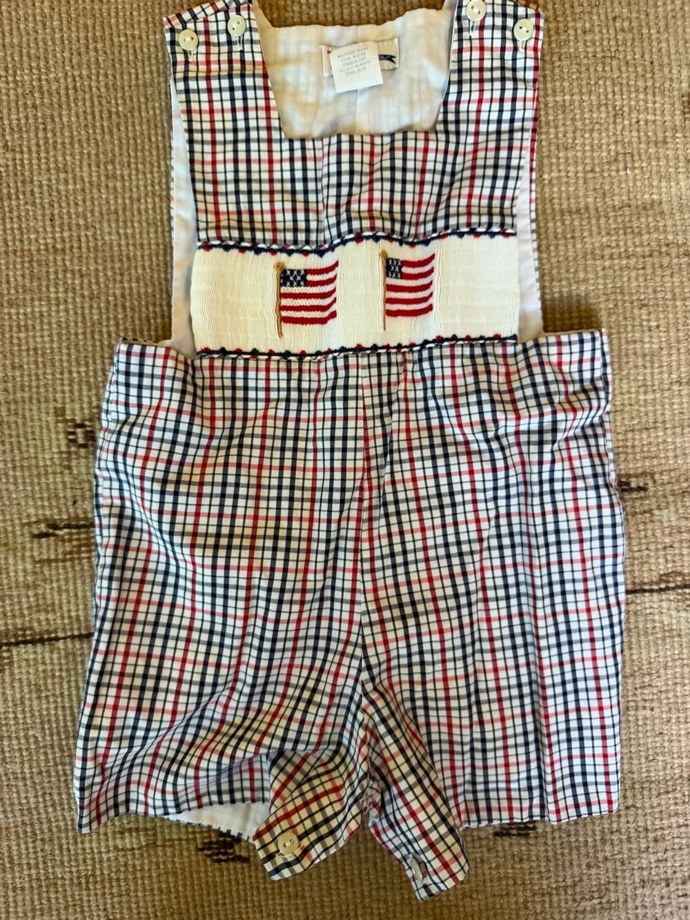 Smocked Plaid Kids One-Piece Shortalls with Flag Detail - Red/Blue/White